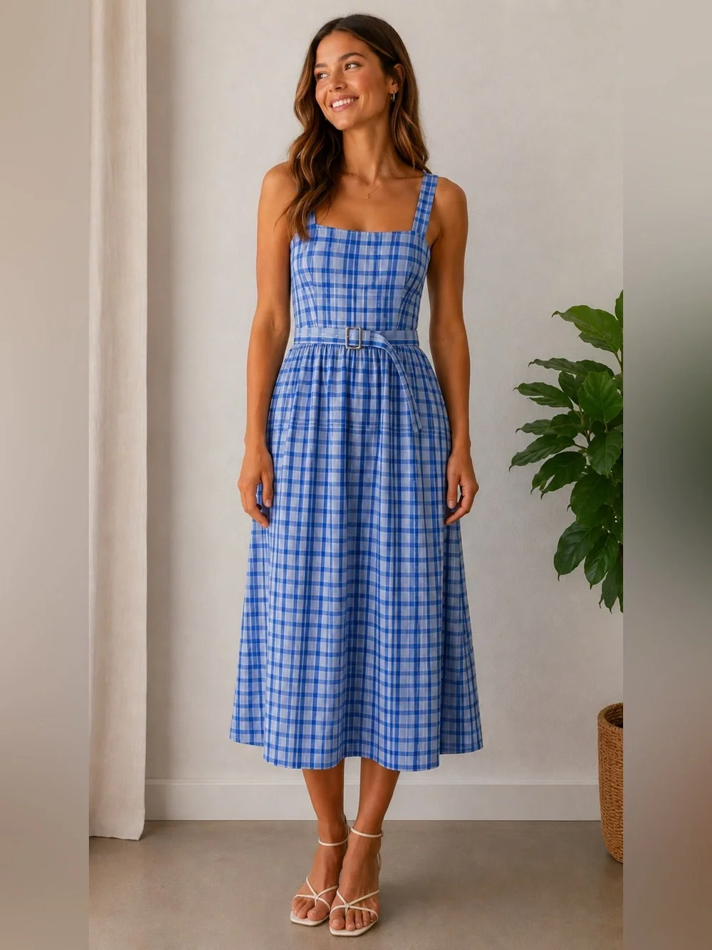 Free Assembly Blue Plaid Midi Dress Size L 12-14 NWT Cottagecore - Picture 1 of 12